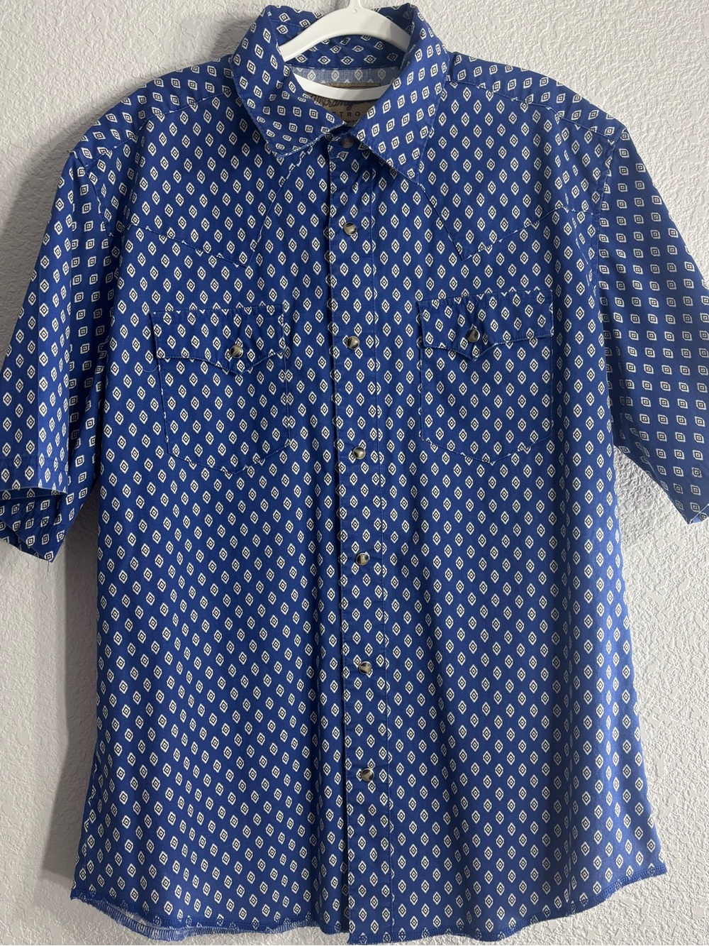 Wrangler Retro Blue Short-Sleeve Pearl Snap Button-Down with White Diamonds L